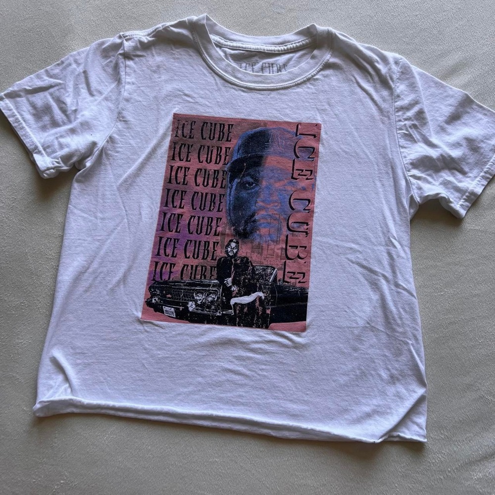Ice Cube Graphic Tee White Pink Blue NWA Rap Hip Hop Crop Top Streetwear
